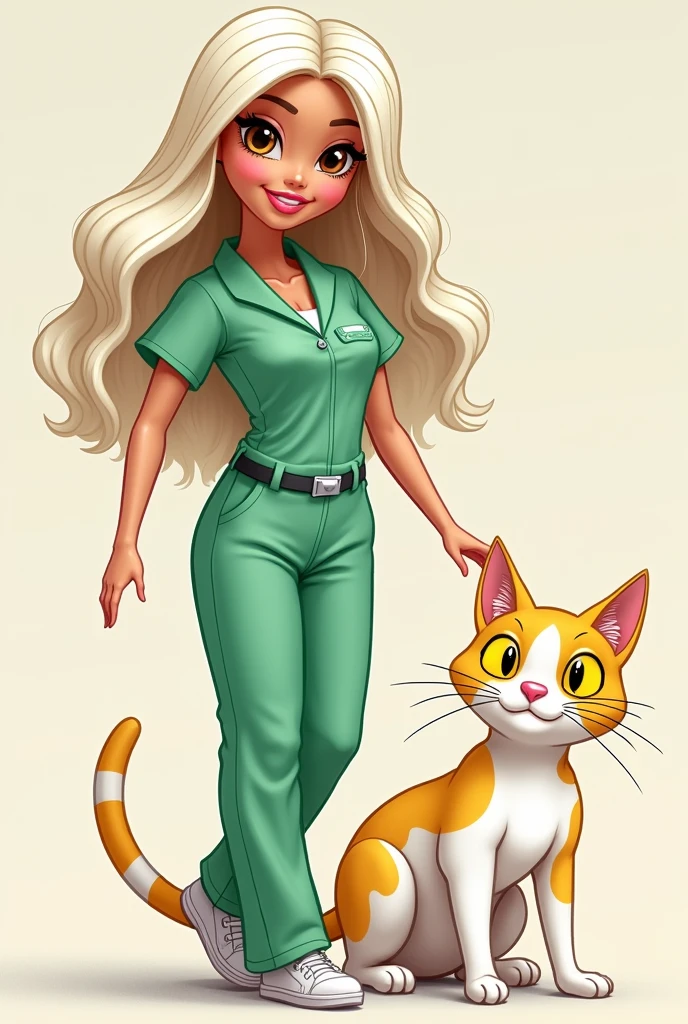 Barbie cartoon brown eyes ,white hair green medical suit with a white cat with yellow patches on his head and tail yellow eyes