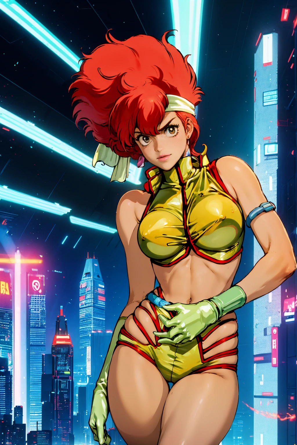 Kei from The Dirty Pair, , wearing a tight yellow outfit, frame, legs, medium breast, red hair beauty, cyberpunk city background, holding retro space-gun, headband, slim waist, slim thighs, thigh gap