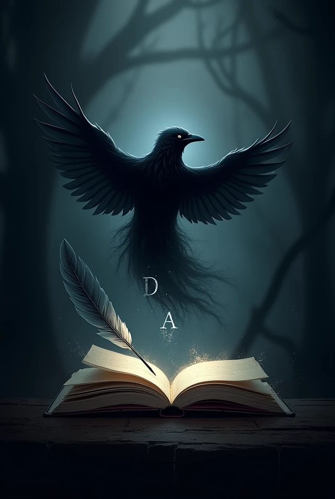 Create a dark and mysterious logo for the 'Department of Haunted Authors.' In the center, depict a ghostly black bird, with ink trailing off to form a faint, spectral mist. The quill should appear as though it is writing in mid-air, with the mist forming the initials 'DAA.' Surround the quill with ancient, slightly open books, their pages curling and giving off a faint glow, as if imbued with a supernatural presence. The overall color palette should include deep shades of black, gray, and indigo, with subtle highlights in silver. The background should resemble a misty twilight, with hints of eerie, swirling fog. The logo should convey an eerie, gothic atmosphere, reflecting the haunted and literary nature of the department.
