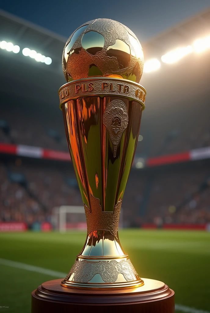 A football trophy with PLSCR Cup desined on its upper body