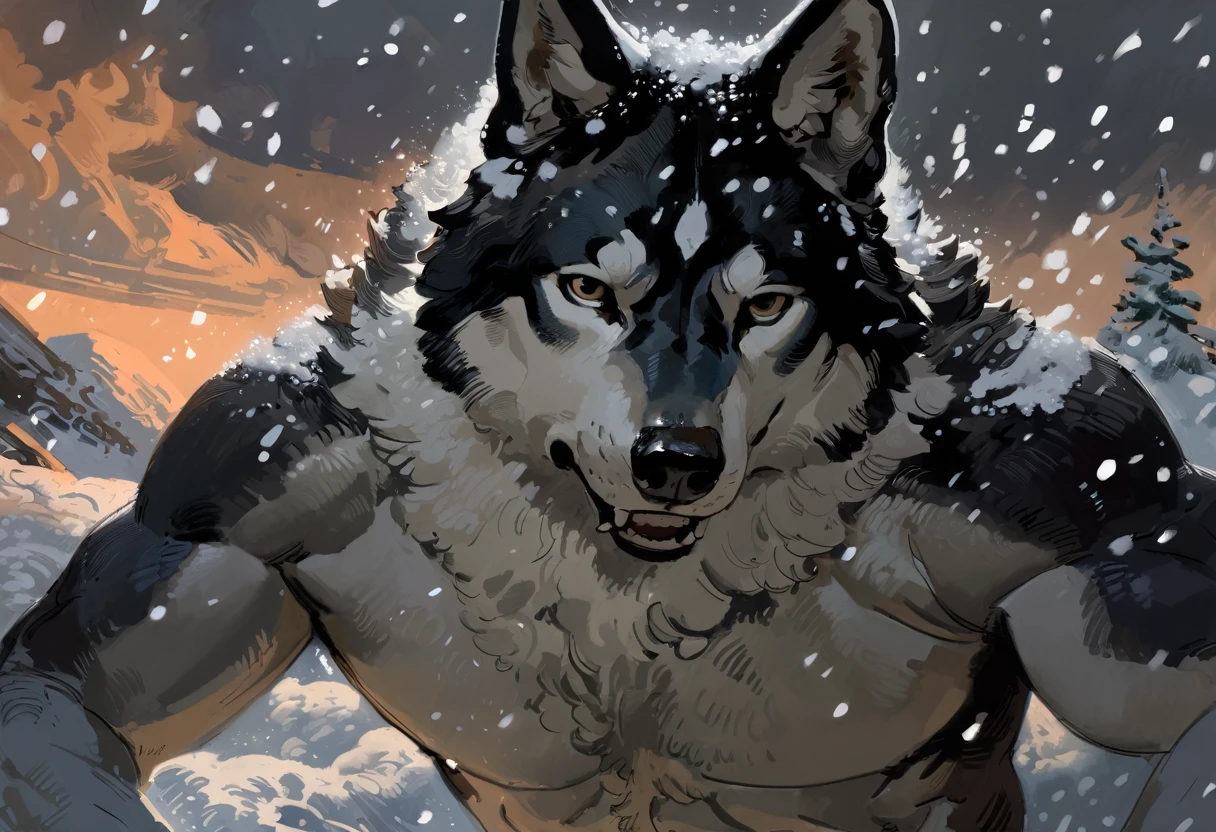 solo, male, anthro, (Husky), by seyorrol, digital artwork, ((detailed background)), intricate detailed blizzard background, heavy blizzard, mysterious shadows, realistic shading, (epic, masterpiece, high quality, 8k, ultra HD, absurd res, top quality, best quality, max quality, masterpiece), ((sexy, masculine body)), cloudy sky, (realistic fur), looking to the side, ((perfect hands)), ((on knees, on all fours)), struggling to walk through blizzard, ((serious expression, baring teeth, realistic teeth, perfect teeth)), snowing very heavily, nighttime, (((half body))), (((nude, canine penis, sheath, orgasm, cumshot, ejaculating))),