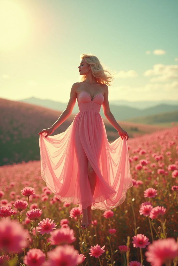 (Jayne Mansfield, age 25, airy sheer pink silky dress), floating on a gentle breeze over a rolling field of beautiful pink flowers, morning sun, 'Calgon take me away' written across the top movie poster style. Show all of her head to toe