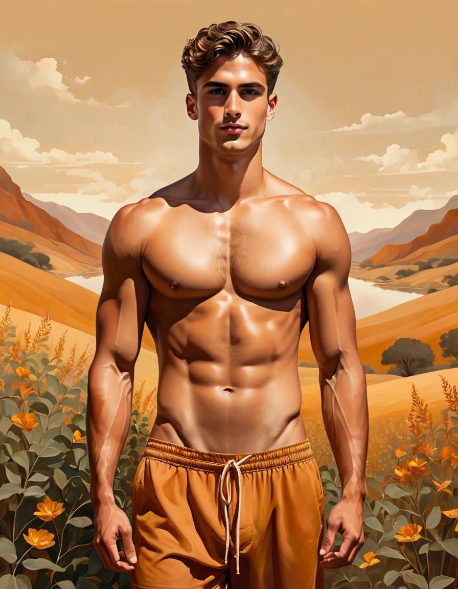 illustration that evoke stoicism  men from 25 years old, shirtless, barefoot, strong, slim body  1. Virtue as the Only Good Style: Classical realism, focusing on the human figure and symmetrical composition. Color palette: Warm, earthy tones (ochre, sienna, gold) to convey wisdom and connection to nature. Expression: A serene and thoughtful gaze, lips slightly pursed in an enigmatic smile. Hands clasped over the heart, symbolizing introspection and connection to a higher powe