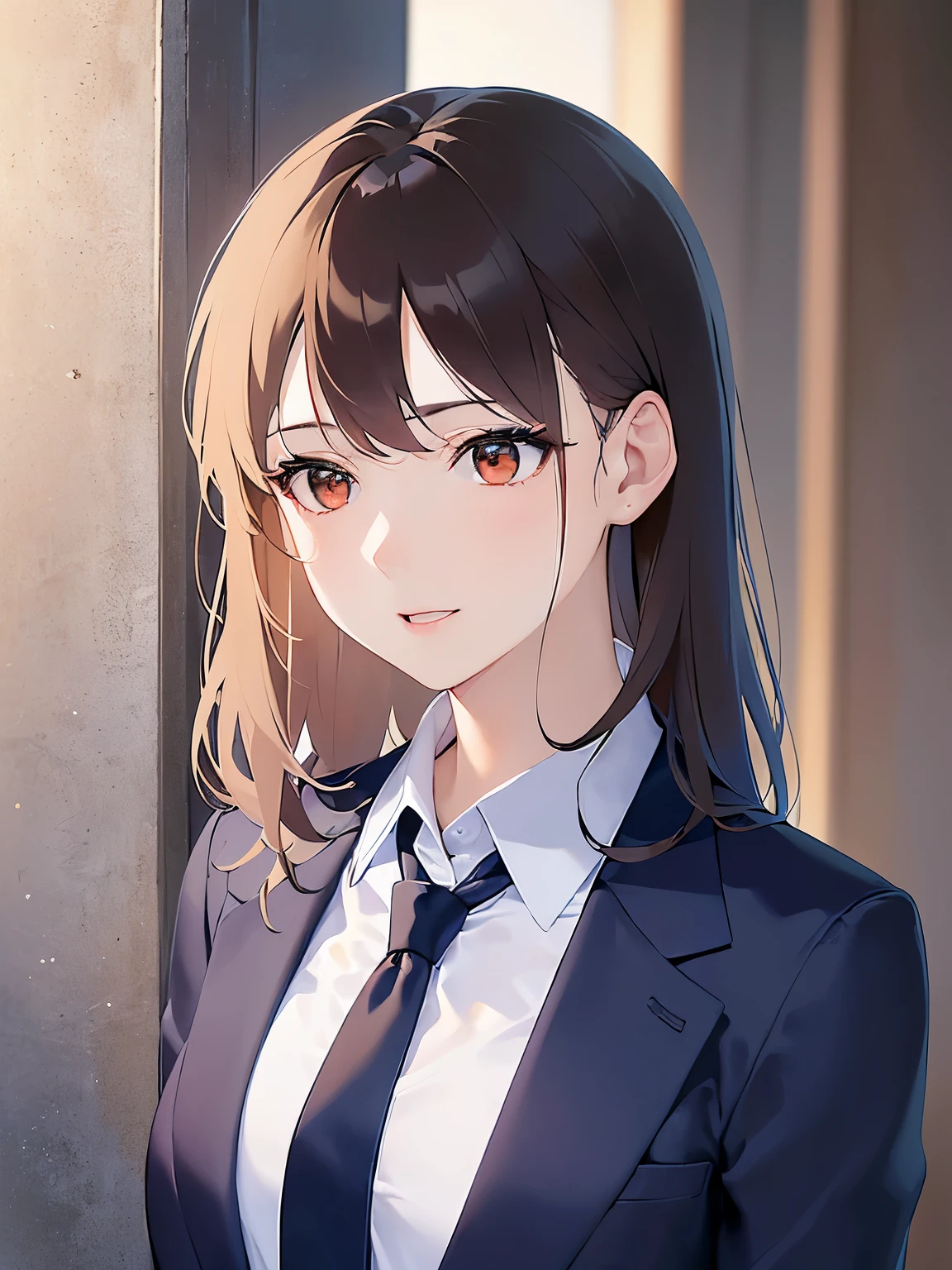 side angle, (looking away:1.5), upper body, Realistic, real person, (pale skin: 1.2), RAW photo, photorealistic, shiny skin, shiny hair、(A 25-year-old woman with medium-length hair and bangs) and (wavy hair) and (brown hair) and (orange eyes) , (Navy blue business suit:1.5) and (white collared shirt) , smile, open mouth, Background is an office room、Alone、Are standing