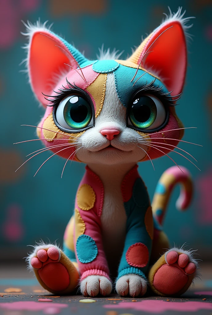 retro plush cat character,stitched eyes,patchwork body,playful expression,glow-in-the-dark features,graffiti-style background,(best quality,4k,8k,highres,masterpiece:1.2),ultra-detailed,(realistic,photorealistic,photo-realistic:1.37),soft colors,whimsical,cute,adorable,vibrant,quirky,creative