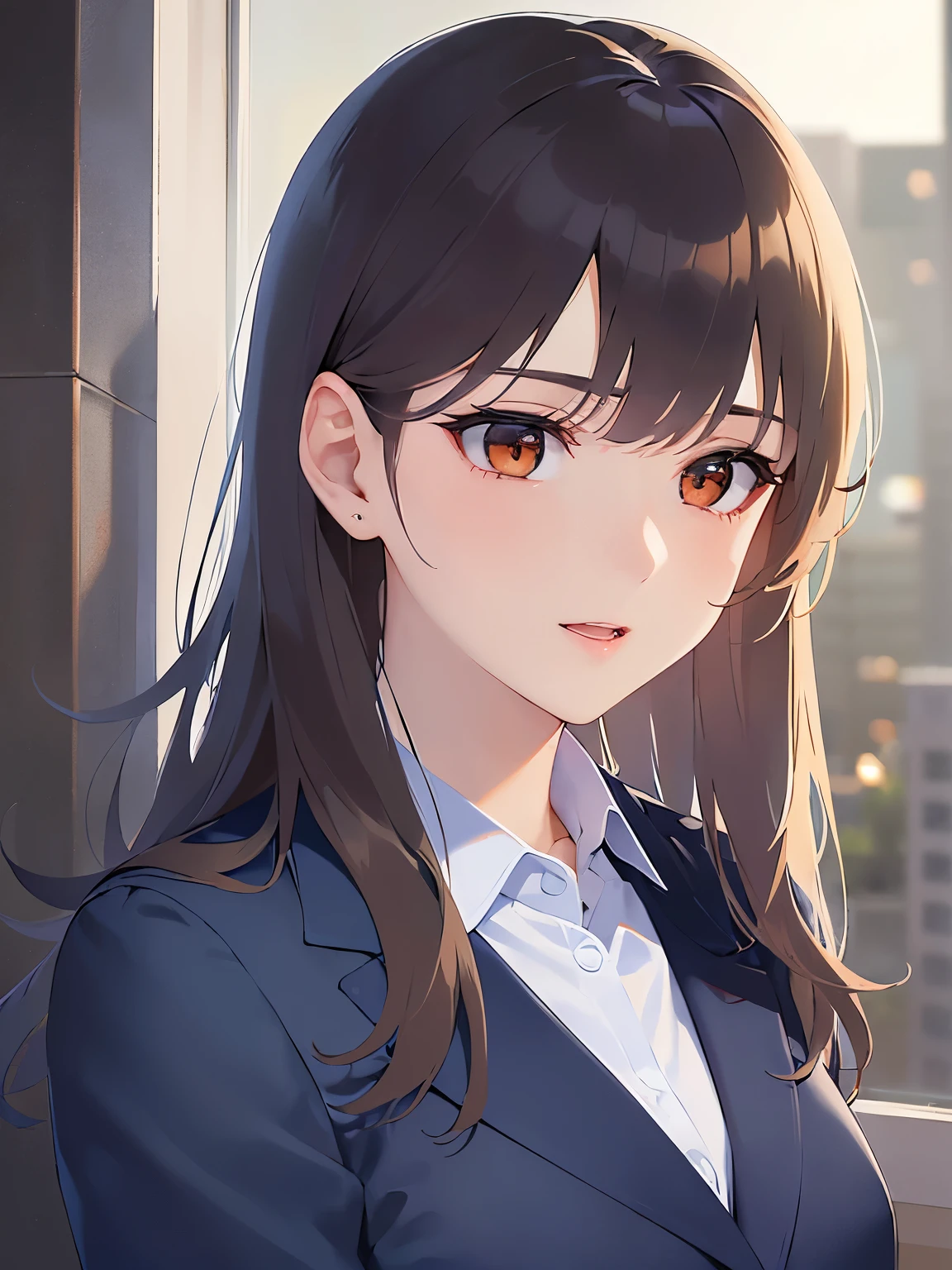 side angle, (looking away:1.5), upper body, Realistic, real person, (pale skin: 1.2), RAW photo, photorealistic, shiny skin, shiny hair、(A 25-year-old woman with medium-length hair and bangs) and (wavy hair) and (brown hair) and (orange eyes) , (Navy blue business suit:1.5) and (white collared shirt) , smile, open mouth, Background is an office room、Alone、Are standing