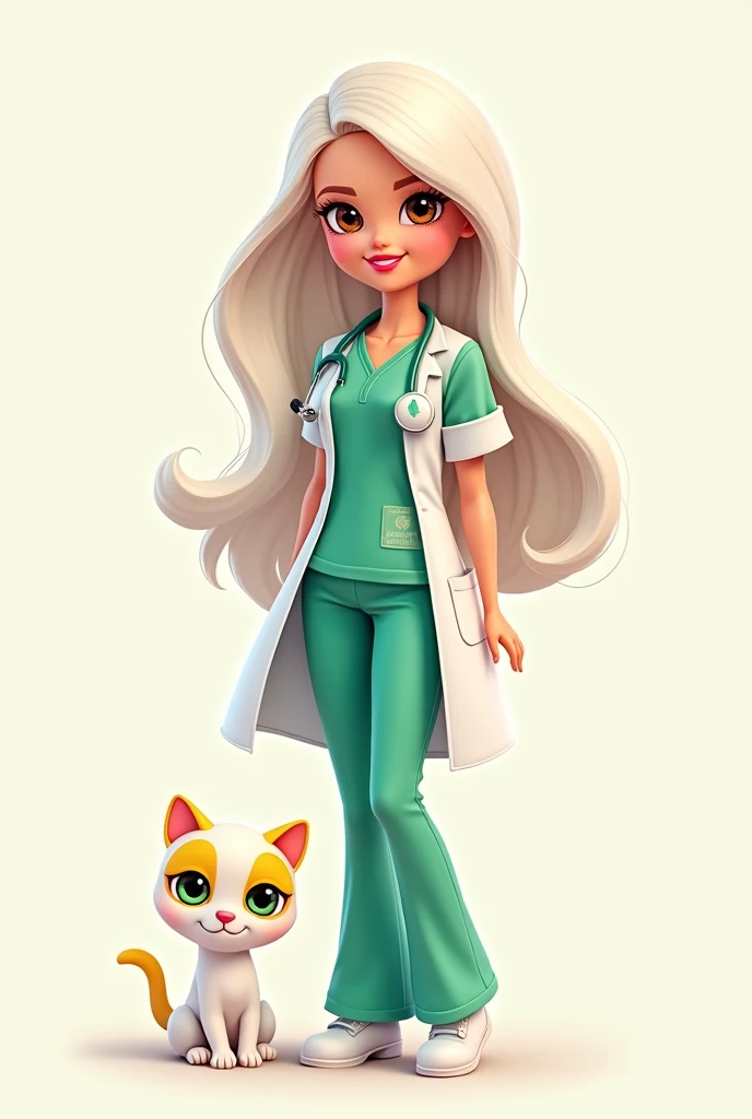 Barbie cartoon brown eyes ,white hair green medical suit with a white cat with yellow patches on his head