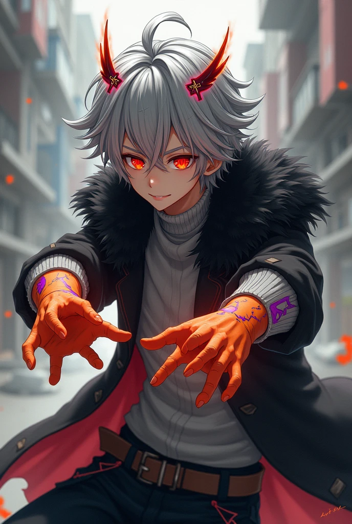 Young man with light toned skin and dark red eyes having white cross-shaped pupils, medium length silver hair with small flaming winged-shaped ornaments on each upper ends of the fringes with large red streaks on the lower ends running across the upper ends, his hands leading up to his forearms below his elbows are orange red with purple cracks running across them. Wears a gray turtleneck shirt with burned ends of the sleeves below his elbows, black pants, brown leather shoes, and fur overcoat with black exterior and is red underneath, standing in a fighting pose