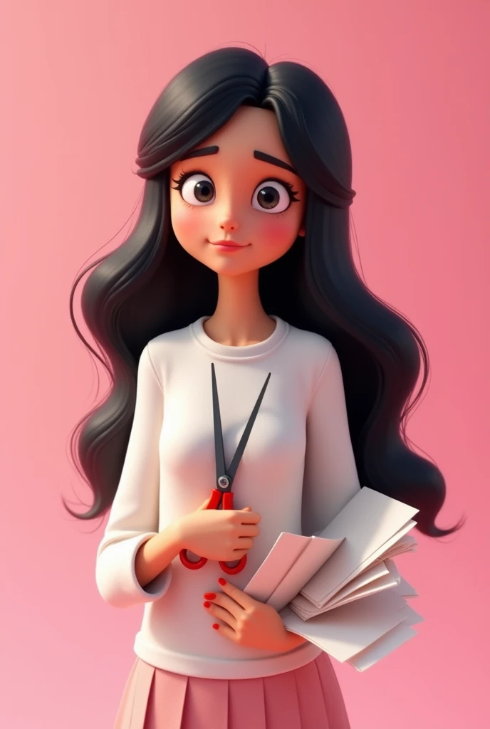 PIXAR 3D TYPE POSTER, MASCOT GIRL BRUNETTE LONG BLACK HAIR SMALL EYES ANIME TYPE WHITE SHIRT HOLDING SCISSORS AND SHEETS OF PAPER ON A PINK BACKGROUND