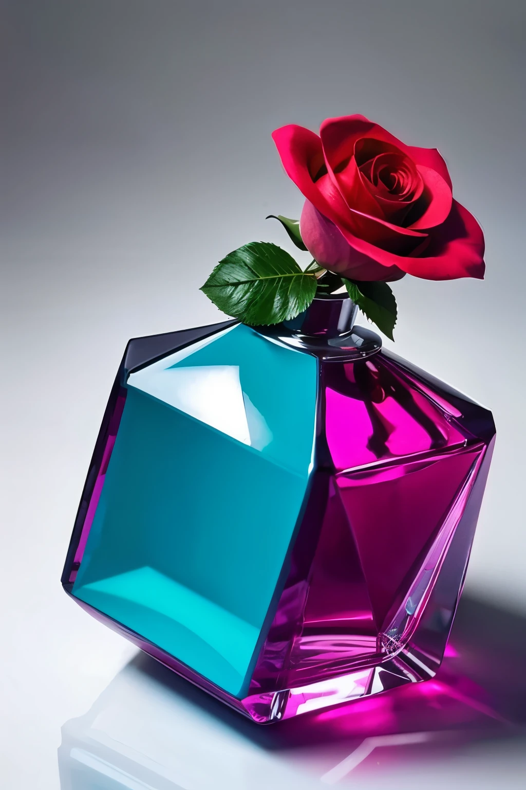 Generate an image of my perfume: It is made of glass, It has an hexagonal shape but with curved edges.. It has a bright red plastic lid/magenta, en forma de 🌹 y un listón de tul verde en forma de hojas, on the neck of the perfume bottle. It contains 30 milliliters of transparent pink perfume., with the scent of roses.