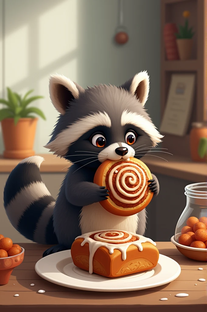 Raccoon eating a cinnamon roll