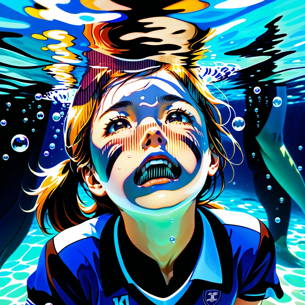 1 female fox in a school sports uniform, drowning underwater, looking up with a worried and drowning expression on her face, grabbing her chest with her hands, side face, beautiful detailed eyes, beautiful detailed face, (best quality,4k,8k,highres,masterpiece:1.2),ultra-detailed,(realistic,photorealistic,photo-realistic:1.37),highly detailed, cinematic lighting, dramatic, emotional, underwater, school uniform, sports uniform, water, bubbles, detailed facial features