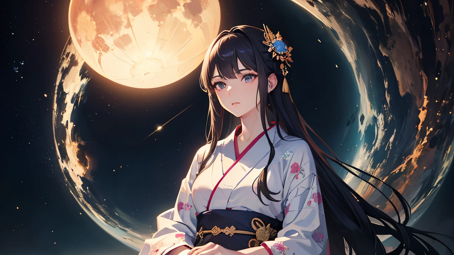 masterpiece,highest quality,((Super Detailed Woman1)),Super detailed face,Super detailed eye,yukata,Sitting,day time,Fantasy,Calm,nebula,High resolution