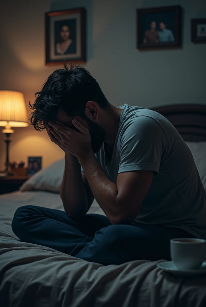 A man mourns the loss of his best friend with enormous sadness, sitting at home in his bedroom and remembering, blaming himself