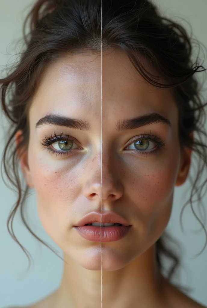 Half a man’s face on the left and half a woman’s face on the right and they look almost alike