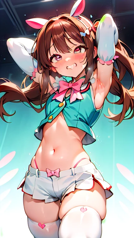NSFW、Primary school students、、Long Hair、((Small breasts、Small breasts、Angry))、((Sweating profusely、Full nudity、Wrapping a ribbon around the body))、Draw the whole body、Dancing、Hold the microphone、Standing on the idol stage、Raise your arms、Show your side、Realistic body、Sexy pose