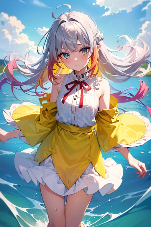 1.5),(1 girl),(floating),(multicoloRed hair+silver hair:1.3+Red hair:1.2+cabelo roxo+yellow hair:1.3+hair green:1.3),(blue colored eyes),(neck ribbon),(floating),(nube),(many drops of water),(cute clothes), blush, looking ahead at viewer