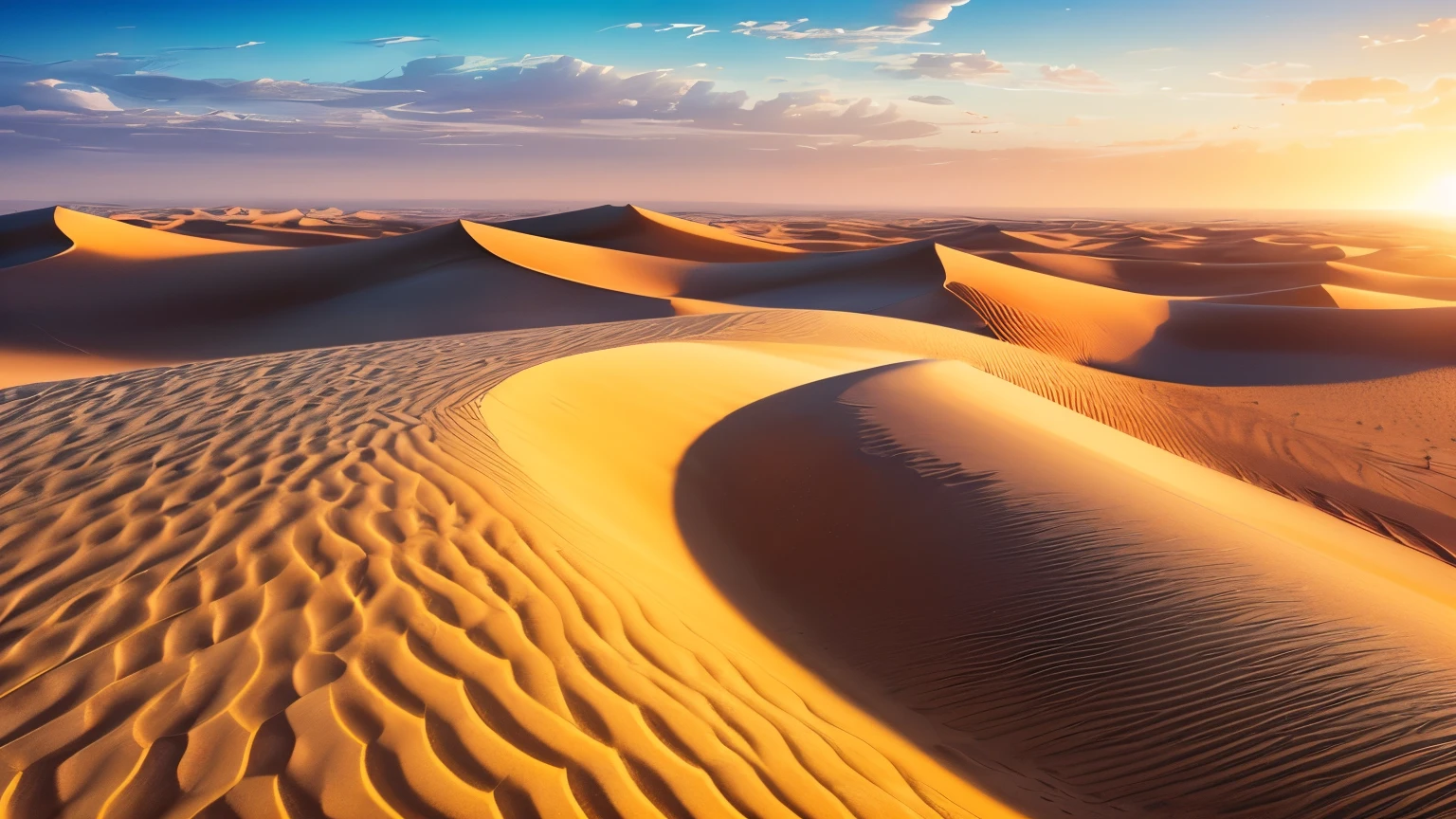 "An astounding masterpiece depicting the mesmerizing beauty of a desert. Best quality, ultra-detailed CG unity 8k wallpaper. The scorching sun casts dramatic shadows across the sand dunes, creating a captivating play of light and shadow. The vastness of the desert stretches as far as the eye can see, with the golden sand merging seamlessly with the clear blue sky. The tranquil silence of the desert is broken only by a gentle breeze rustling through the palm trees. The scene is surreal and serene, evoking a sense of awe and wonder.+"
