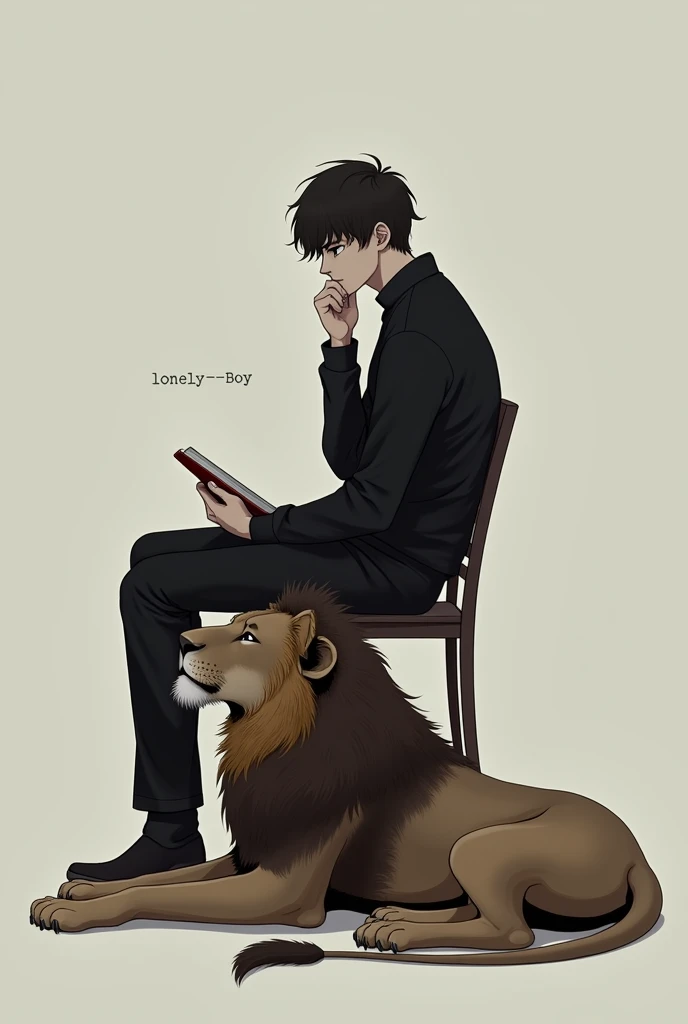 A 20-year-old boy is sitting on a chair, there is a lion at the bottom, with his hand behind the book, and the name is written as a lonely boy. The boy is in black.