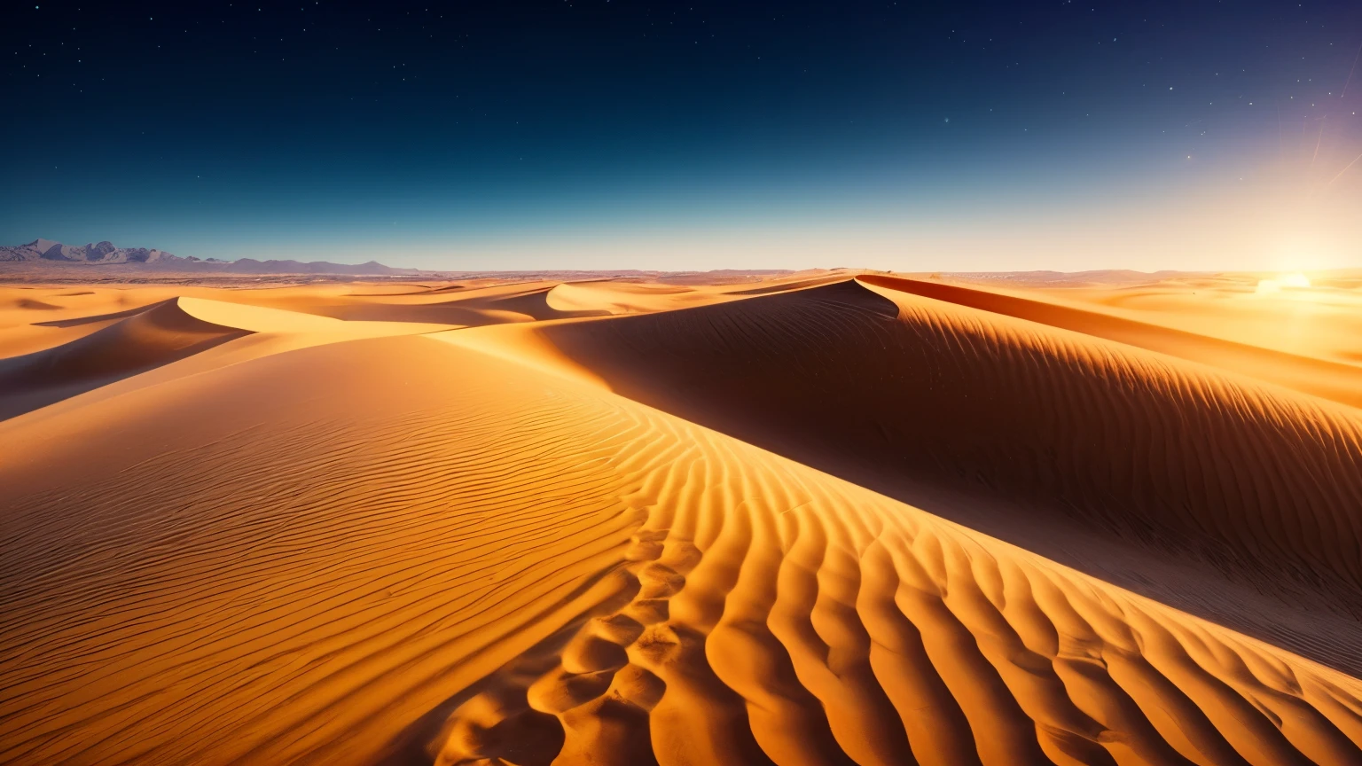 "An astounding masterpiece depicting the mesmerizing beauty of a desert. Best quality, ultra-detailed CG unity 8k wallpaper. The scorching sun casts dramatic shadows across the sand dunes, creating a captivating play of light and shadow. The vastness of the desert stretches as far as the eye can see, with the golden sand merging seamlessly with the clear blue sky. The tranquil silence of the desert is broken only by a gentle breeze rustling through the palm trees. The scene is surreal and serene, evoking a sense of awe and wonder.+"