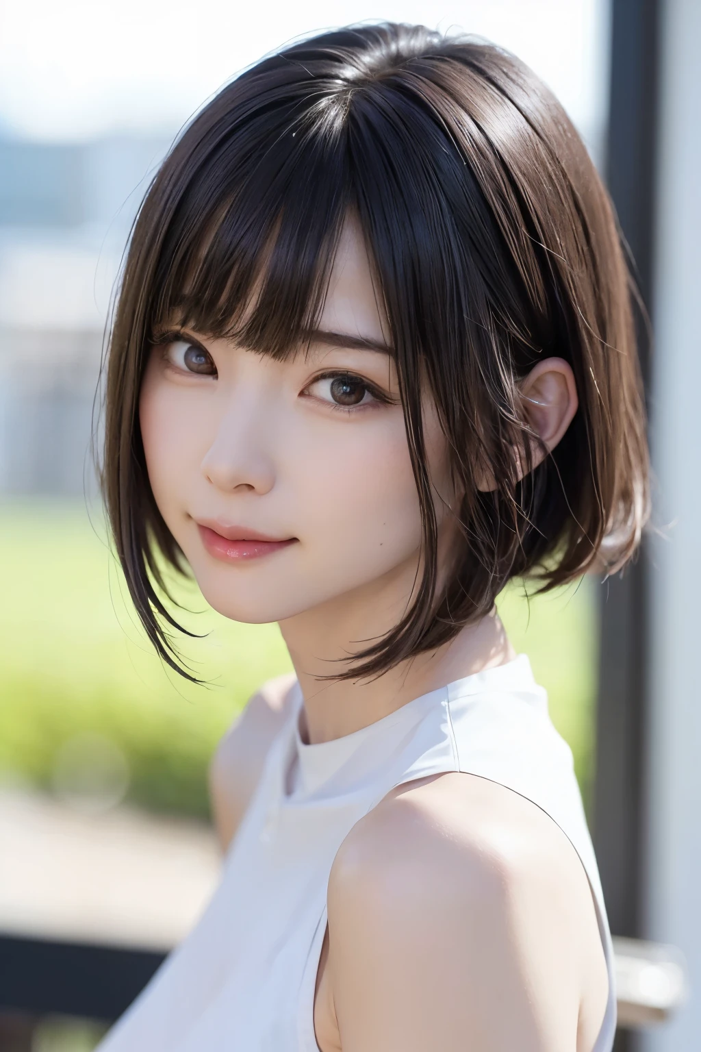 (masterpiece, Highest quality),One Girl, alone, hyper Realistic, Realistic,Realistic, Looking at the audience, Light brown eyes:1.4,Brunette Short Bob Hair with highly detailed shiny hair, Brightly colored winter clothes, Lepangas:1.4), Plein Air, Mouth closed, Upper Body、big chest eye、eyelash、{Huge|big|Very large|Mega} chest:2, chestの谷間:2、{Huge|big|Giga|Mega} chest:2, chestの谷間:2、A very large window shows the valley of the sound、(((big chest eye、Short Bob Hair、Glowing Skin、Shiny Hair、Student Highlights、Gazing at the audience、She is very beautiful and cute、Listen carefully、Long neck、smile、Close your mouth and smile、bangsと美しい歯、bangs、Perfect Anatomy)))、Ideal body type、（Snowy tree-lined road in winter in Norway, Out of focus background）、美しいLong neck:1.4、Very attractive, 美しくてかわいいVery attractive女性、