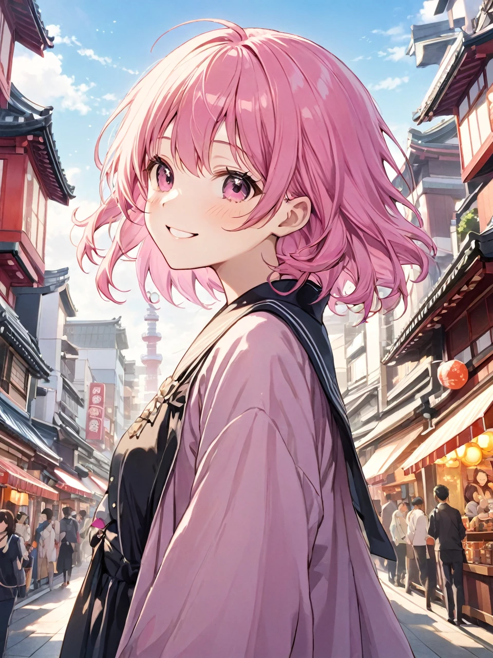 Highest quality, Highest quality, 16K, Unbelievably absurd, Very detailed, 2.5D, delicate and dynamic,A Kind World,One Girl,18-year-old, Pink Hair,Side Up,Private Server,one piece,smile,Cute,Upper Body,Daytime,In Tokyo,In Asakusa