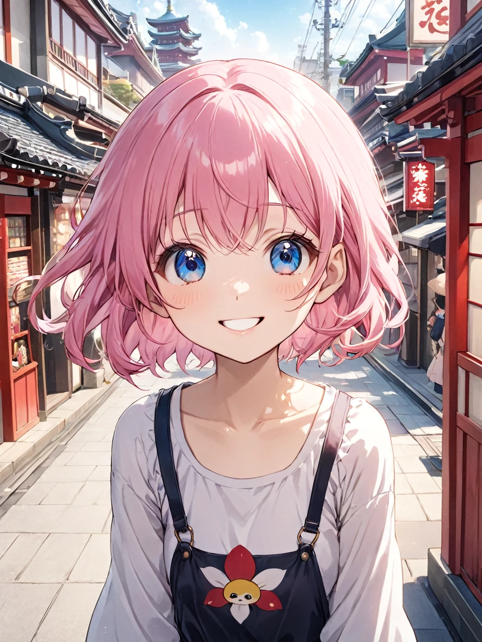 Highest quality, Highest quality, 16K, Unbelievably absurd, Very detailed, 2.5D, delicate and dynamic,A Kind World,One Girl,18-year-old, Pink Hair,Side Up,Private Server,one piece,smile,Cute,Upper Body,Daytime,In Tokyo,In Asakusa