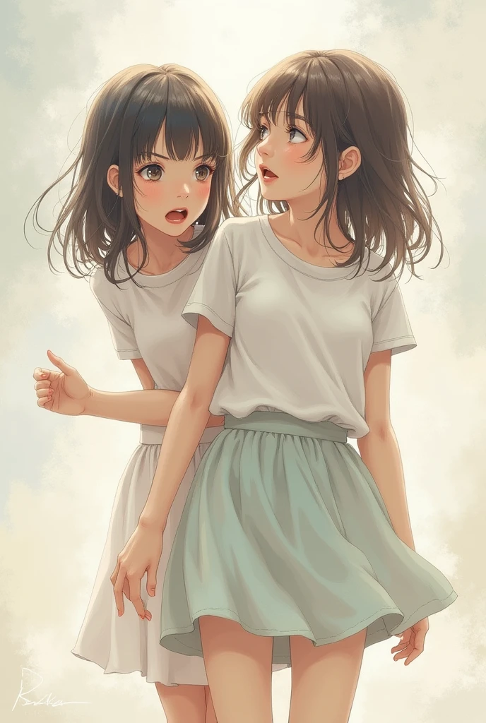 Two girls looking back to the left in surprise 