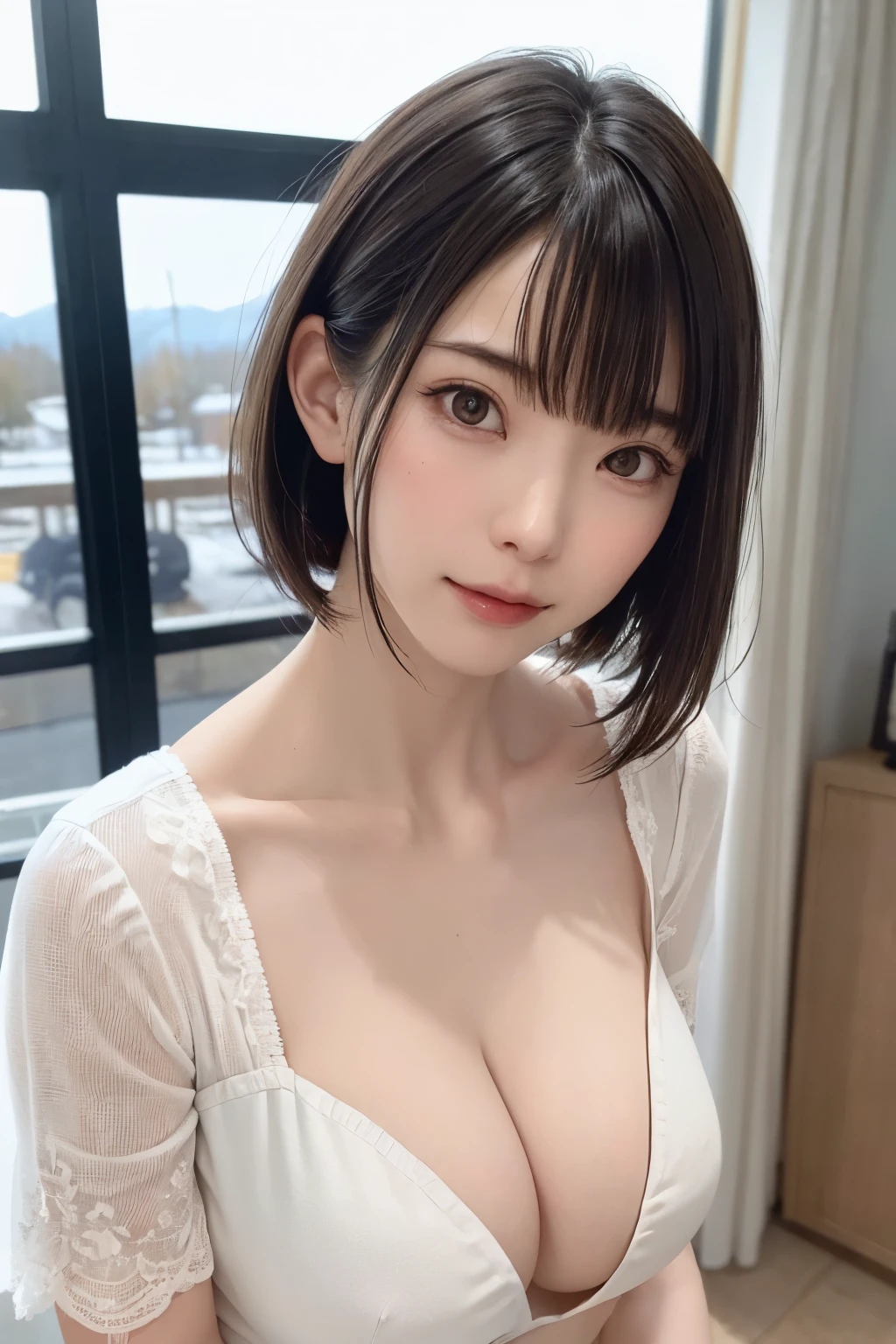 (masterpiece, Highest quality),One Girl, alone, hyper Realistic, Realistic,Realistic, Looking at the audience, Light brown eyes:1.4,Brunette Short Bob Hair with highly detailed shiny hair, Brightly colored winter clothes, Lepangas:1.4), Plein Air, Mouth closed, Upper Body、big chest eye、eyelash、{Huge|big|Very large|Mega} chest:2, chestの谷間:2、{Huge|big|Giga|Mega} chest:2, chestの谷間:2、A very large window shows the valley of the sound、(((big chest eye、Short Bob Hair、Glowing Skin、Shiny Hair、Student Highlights、Gazing at the audience、She is very beautiful and cute、Listen carefully、Long neck、smile、Close your mouth and smile、bangsと美しい歯、bangs、Perfect Anatomy)))、Ideal body type、(Snowy tree-lined road in winter in Norway, Out of focus background)、美しいLong neck:1.4、Very attractive, 美しくてかわいいVery attractive女性、