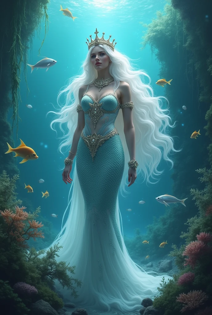 White haired mermaid queen underwater