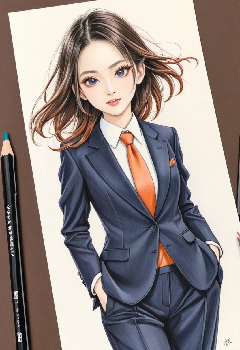 Colored pencil drawing、Woman in a suit、Japanese