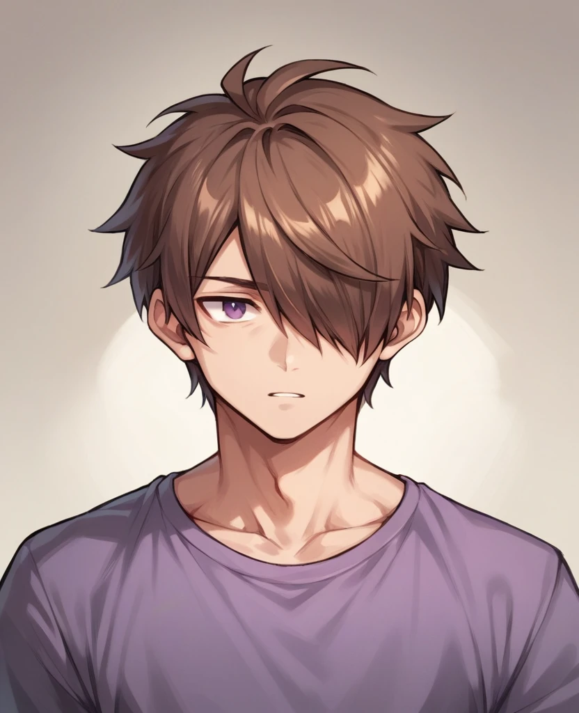 Human Male , Brown hair Style  ,Purple anime shirt,hair over one eye