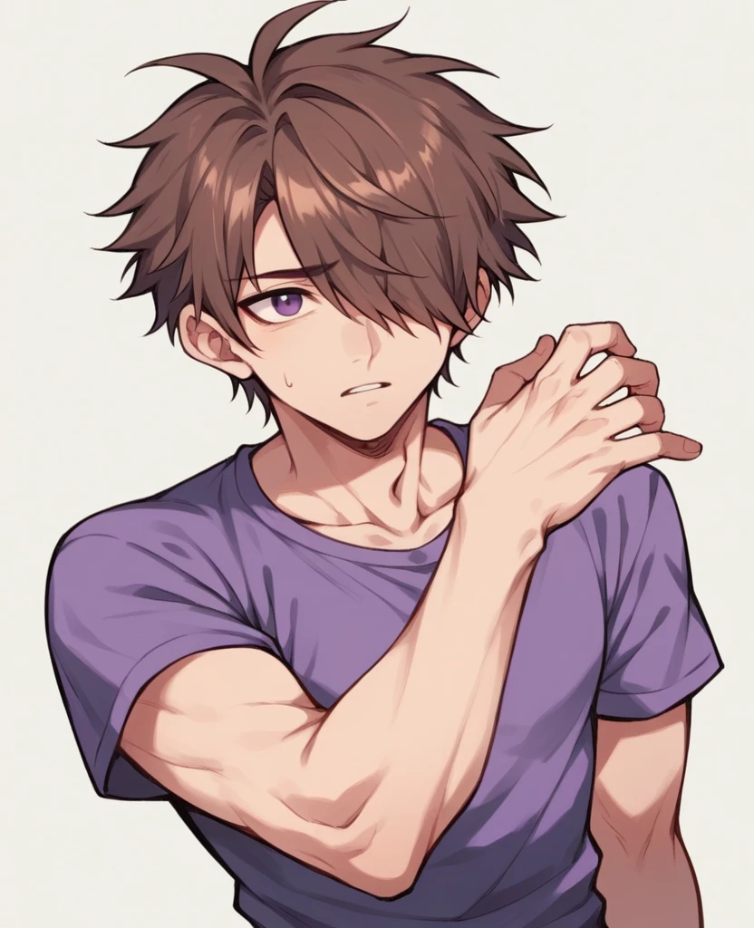 Human Male , Brown hair Style  ,Purple anime shirt,hair over one eye