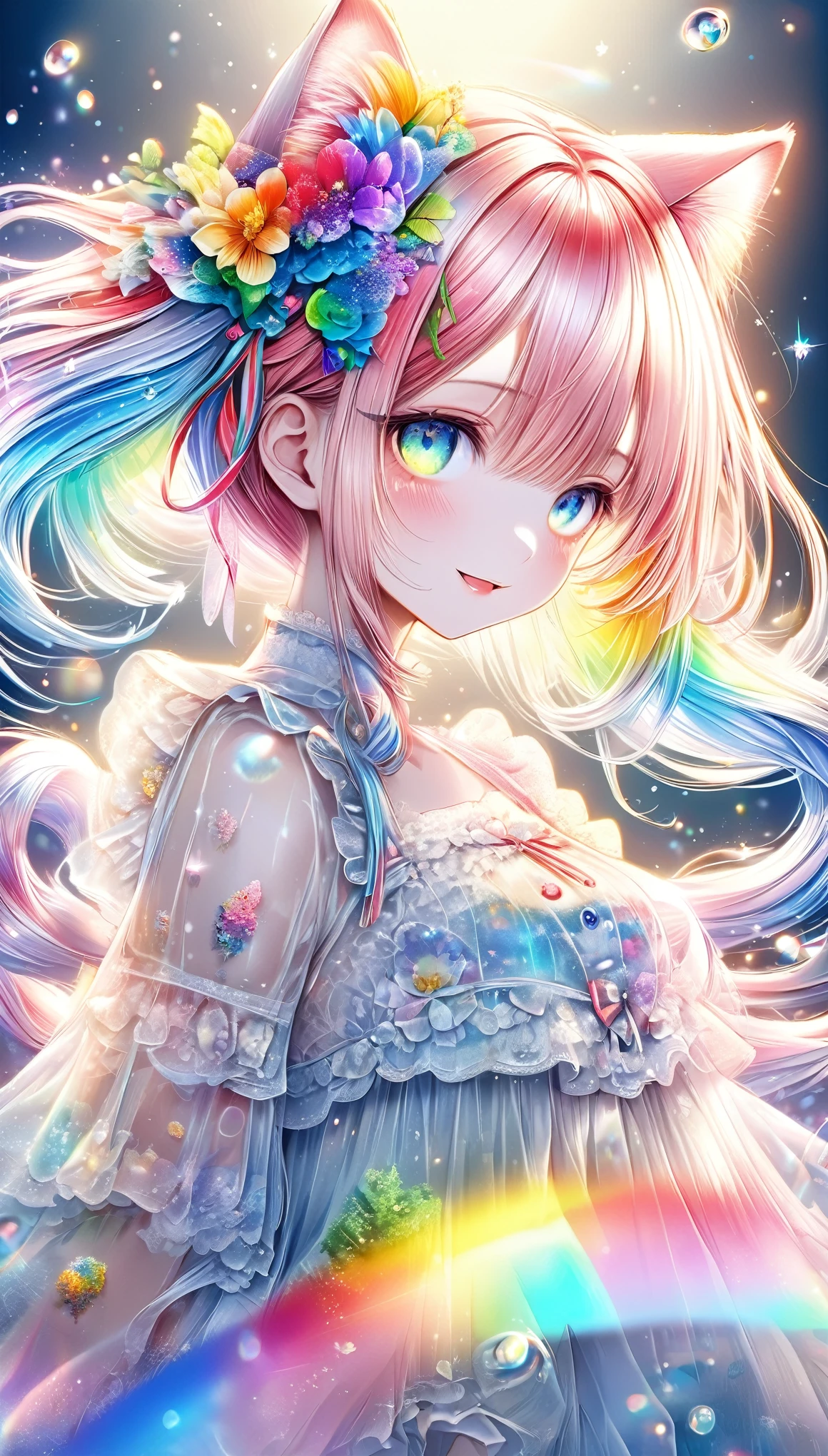 (((masterpiece))), (((Highest quality)))(, (Ultra-detailed)), A fusion of watercolor and oil painting, Psychedelic world, Commemorative photo, White Dress、super precision embroidery, See-through lace, ribbon, see-through frill,cute, beautiful girl, Lolita, -yeld gi 1 cute girl, (Look forward), (Looking at this), (Very delicate and beautiful face), (Beautiful eyes in every detail), ((((Heterochromia Iridum - Red and Blue Eye Color))))、Through the bangs, Pale pink hair,Twin tails, Cat ear, 髪の色と同じ色のCat ear, Beautiful attention to detail, Beautiful lip detail, Highly detailed face, Attractive eyes, Long eyelashes, smile, Open your mouth a little, One Girl, Digital Art, pastel colour, ((Use the rainbow as your main color)),Vibrant colors,fantasy art pieces,dream-like,Mythical fantasy with rainbow accents,Fairytale Fantasy, (((Translucent rainbow))),Rainbow gradient,Subtle iridescent details,Gives off an aura of magic,Exquisite detail,Heavenly, Flowers,Soft lighting, Cinematic, romantic, baby dollming above the chest, Colorful gel background, Fractal Floral Background, Sparkling, Sparkling, Lolita, Perfect lighting, Sharp focus, High resolution, High resolution,High color rendering, High resolution
