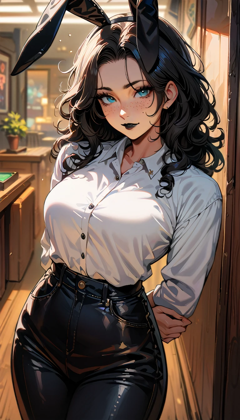 (high quality, 8k, 4K, high contrast, artwork:1.2, high quality, best aesthetics), (centered), ((1 woman)), erotic, sensual, mature body, grown woman, super detailed, beautiful face detailed, beautiful eyes detailed, detailed beautiful mouth, perfect breasts, perfect waist, (long black curly hair), (blue eyes), (black eyeliner), (black eyeshadow), (freckles on cheeks), (black lipstick), (standing), (straight body posture), (front view of woman), (facing camera), (hands behind back), (casual clothes), (bunny ears)