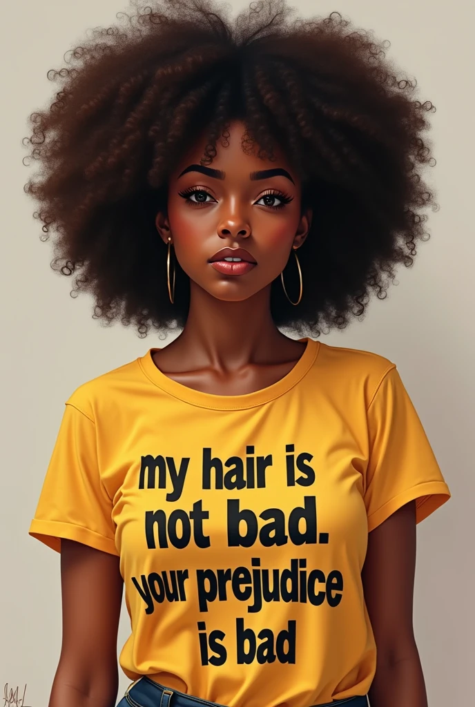 A light-skinned black woman with dark brown curly hair and eyes, approximately 35 years old, full body and on the shirt it says " my hair is not bad ,your prejudice is bad
