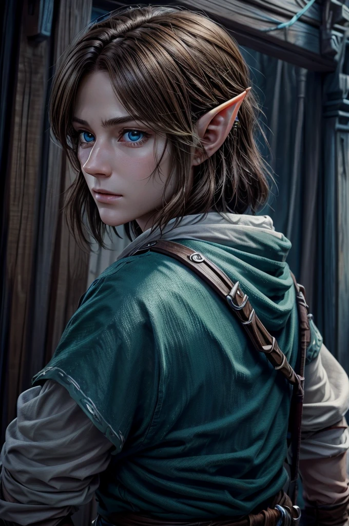 Very detailed, Ultra-realistic digital portrait of Link from The Legend of Zelda, Facing forward、Very detailed顔の特徴, Piercing blue eyes, Sharp jawline, disheveled brown hair, Confident expression, Green-themed elf clothing