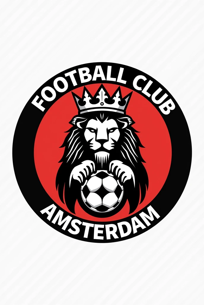 Football Club Amsterdam logo. Form of logo: circle. Lion in crown holds football ball in its paws. Write "Football Club" above and "Amsterdam" below. Colors: red, black. Color of text: white.