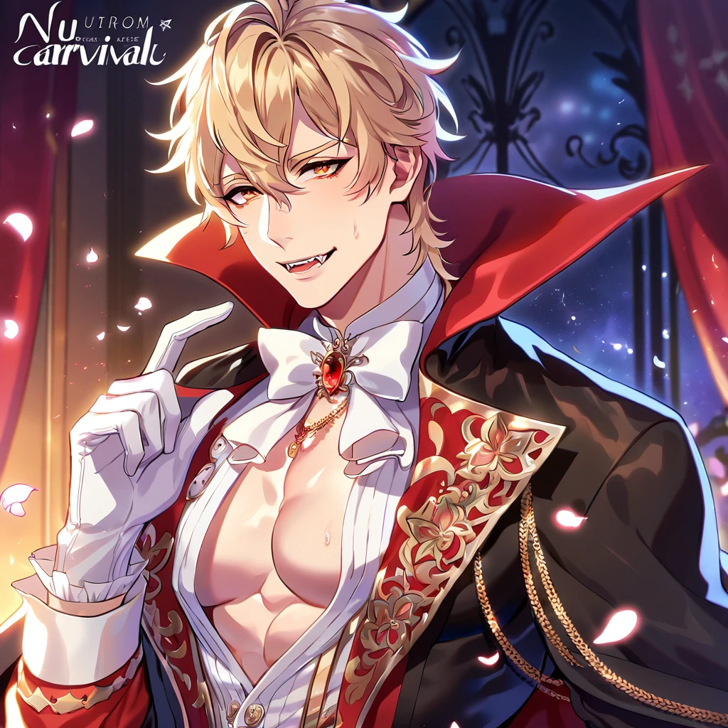 absurdres, highres, ultra detailed, HDR, master piece, best quality, perfect face, beautiful eyes, Quincy, blonde hair, expressive amber eyes, Nu Carnival, solo, sexy man, handsome, horny, lewd, vampire clothes, black cape, white gloves, accessories, showing the chest, vampire, fangs, luxurious room, night, window, red curtains, petals, magical, fantasy
