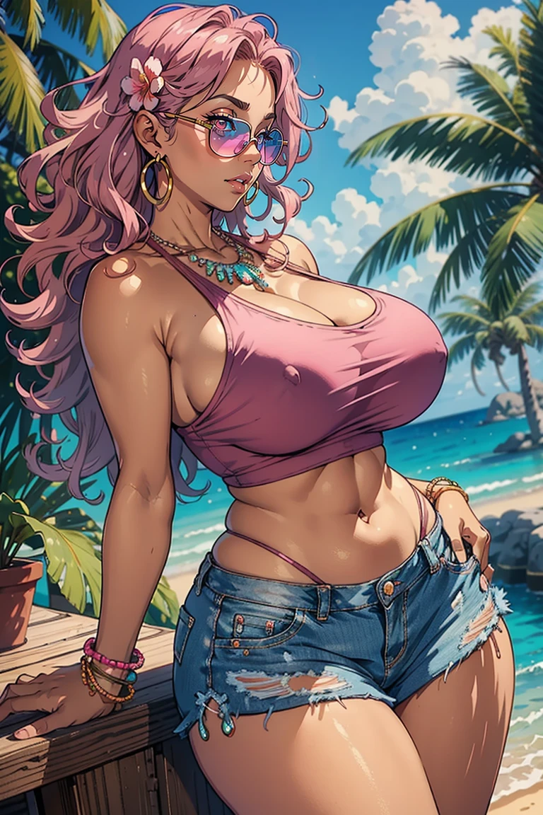 Best Quality, lonely mature woman, giant breasts, giant ass, very curved, tanned skin, hair with a middle part and curly ends, sea pink eyes, full lips, seductive, sea pink sunglasses, Rhinestone Beaded Tank Top, pleated denim skirt, Flower earrings, flower necklace, thick thighs, curvy physique