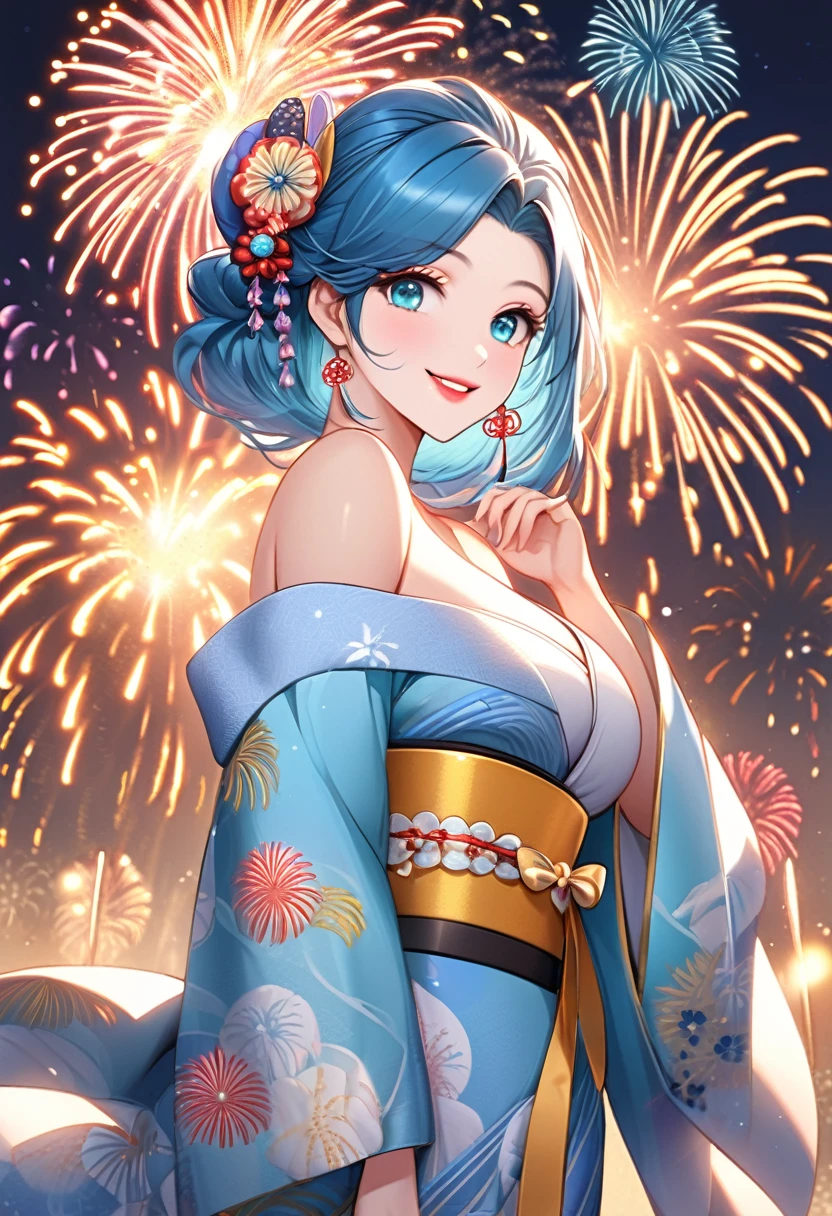 {L{worst quality, low-quality}, ((a closeup)), (girl with:1.2), (Big breasts), (A turquoise blue-haired, short-cut:1.3), plump shiny lips, Beautiful clear eyes, (The best smile), Spoken Heart, (perfect hand:1.2), (firework theme:1.4), (Japanese courtesan girl with:1.3), (Comes with maxi length Blue kimono [yellow] Obi:1.4), (Highly detailed and colorful embroidery and fancy firework patterns :1.3), (off shoulders:1.4), (geta:1.2), (Fancy hair ornaments:1.3), ((super huge ribbon:1.2) in front of the waist:1.3), low angle shot, (dazzling fireworks light1.4), (beautiful fireworks background:1.2), masutepiece,Best Quality,ultra-detailliert, ​masterpiece,