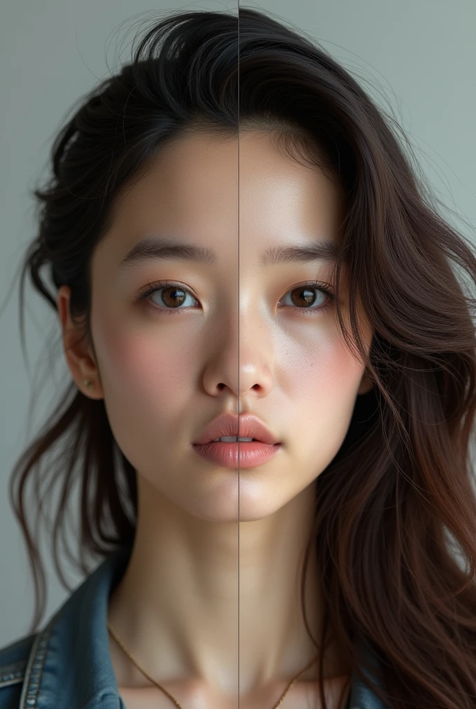 Half a man’s face with short black hair on the left and half a woman’s face with long brown hair on the right and they look almost alike