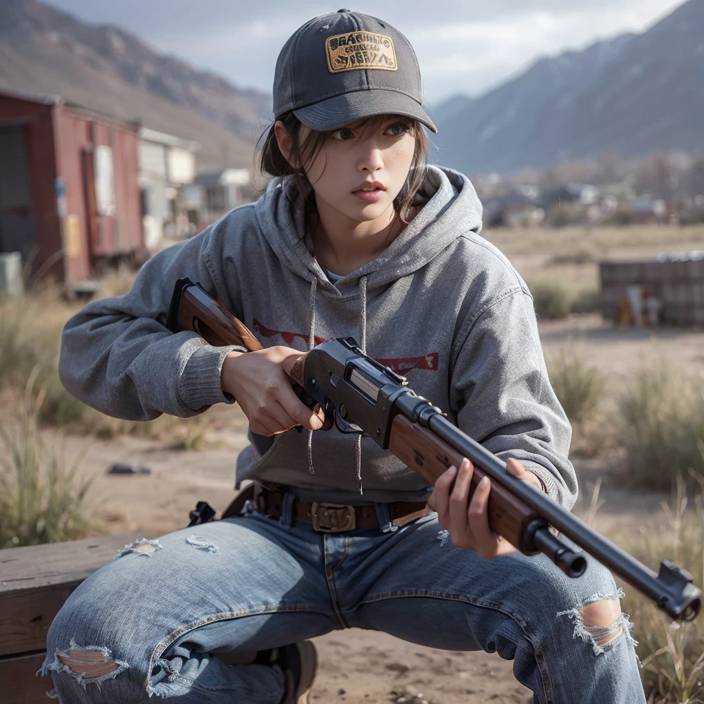 8k, realistic photo, realistic skin texture, A beautiful Japanese woman living in America、an old, rusty beige pickup truck with the door open and sitting in the seat、american mountain town、indians baseball cap、Grey hoodie、a1Flight jacket、BROWNING CYNERGY Ultimate Tukey shotgun、loose fit denim pants、sneakers、Dynamic pose、anger、decision、Fighting the Outlaws、Innovative composition、woman