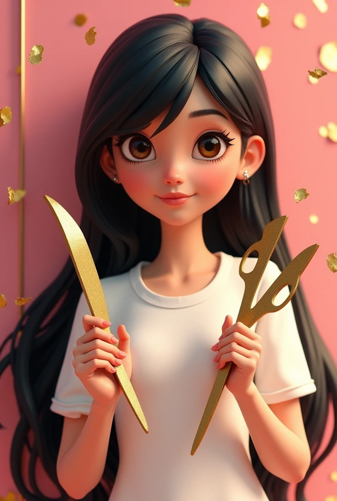 PIXAR 3D TYPE POSTER, face MASCOT GIRL BRUNETTE LONG BLACK HAIR SMALL EYES ANIME TYPE WHITE SHIRT HOLDING GOLDEN SCISSORS AND PAPER PIECES PINK AND GOLDEN BACKGROUND
