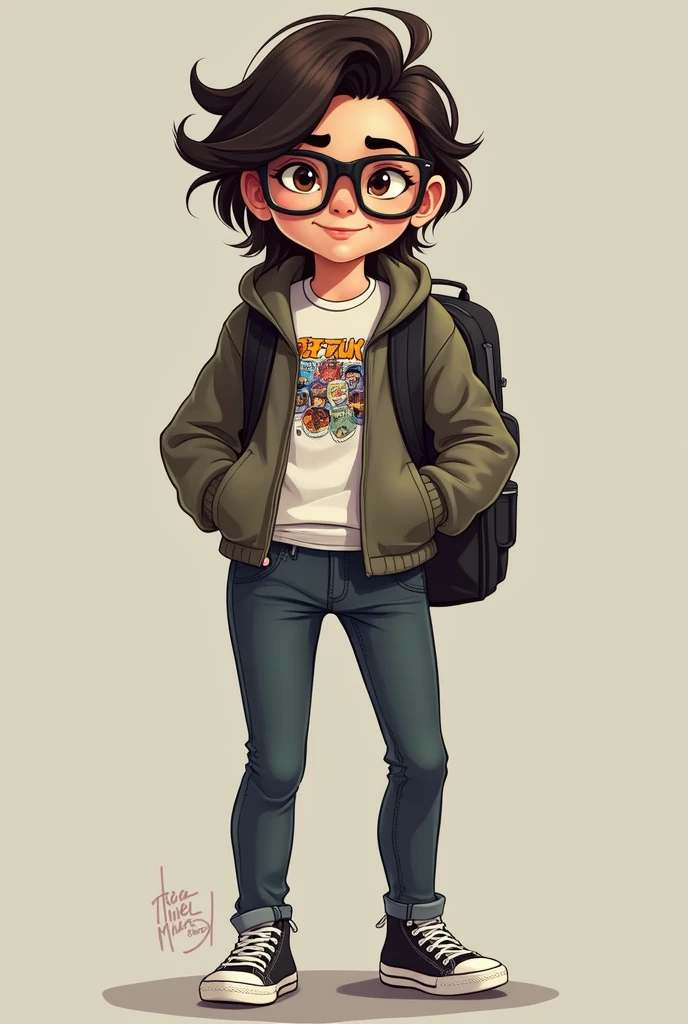 Cami is a nerdy character with a look that mixes intellectual charm and practicality.. Their eyes, grandes e expressivos, are a light brown shade, often hidden behind thick, black-framed glasses. The hair is generally medium length., with a dark brown or black color, and is used in a messy way, as if you had just come out of a marathon of studies or gaming sessions.Cami wears a t-shirt with a geek-themed print, like comics or classic games, and a comfortable sweater or cardigan over it. The pants are dark, fitted jeans., combined with simple sneakers, but high quality, that offer comfort for long hours of use. Para completar o visual, Cami can use a backpack with multiple pockets, ideal for charging essential gadgets and equipment.Cami's style reflects a mix of intelligence and relaxation., with a touch of nerdy personality evident in every detail of the outfit.