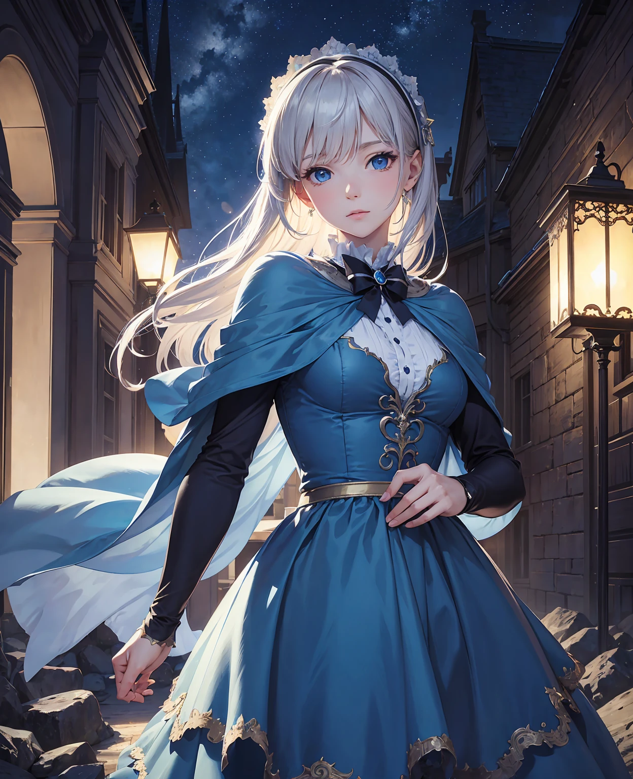 masterpiece, best quality, marianne_timeskip, blue dress, capelet, dark alpine forest, standing, night, looking up, upper body, detailed face