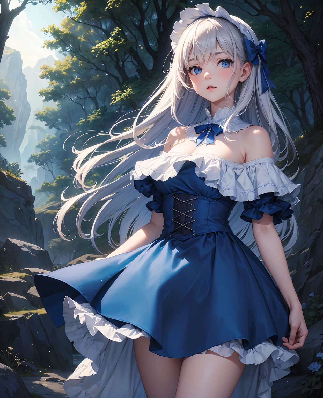 masterpiece, best quality, marianne_timeskip, blue dress, capelet, dark alpine forest, standing, night, looking up, upper body, detailed face 
