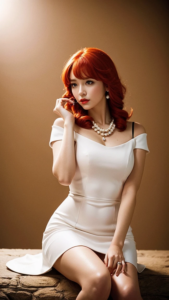 ((masterpiece, Best Quality)),(complex lighting) ,Whole body, Alone, Wilma Flintstone, Red hair, Horse tail, White dress, Pearl Necklace, lipstick,