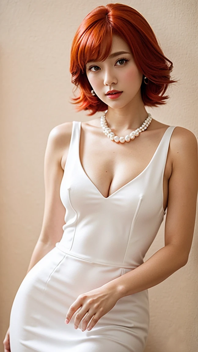 ((masterpiece, Best Quality)),(complex lighting) ,Whole body, Alone, Wilma Flintstone, Red hair, Horse tail, White dress, Pearl Necklace, lipstick,