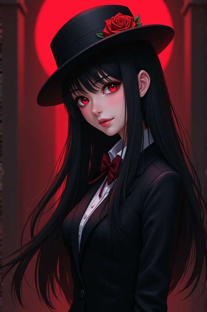 Girl 20 years old, beautiful, long black hair, red eyes, wearing black dress suit, little hat with rose decoration, mafia anime style 